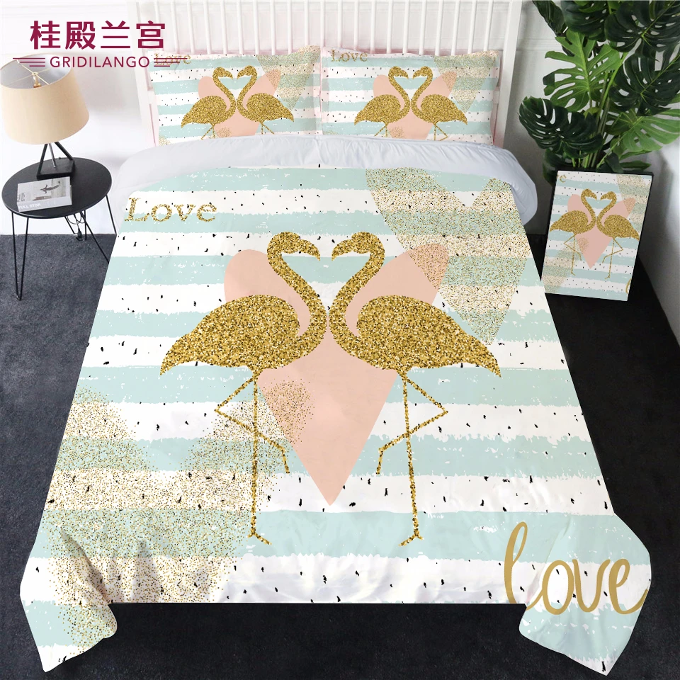 

Golden Flamingo Bedding Set Black Pink Stripe King Duvet Cover Set Bedclothes 3pcs for Adults Kids Couples Bedroom Dropshipping