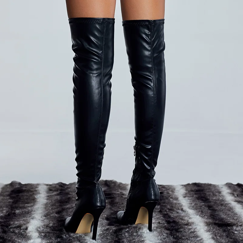 Fashion PU Leather Over The Knee Booties Extreme Thigh High Heels Nightclub Sexy Pointed Toe Zip Winter Boots Women