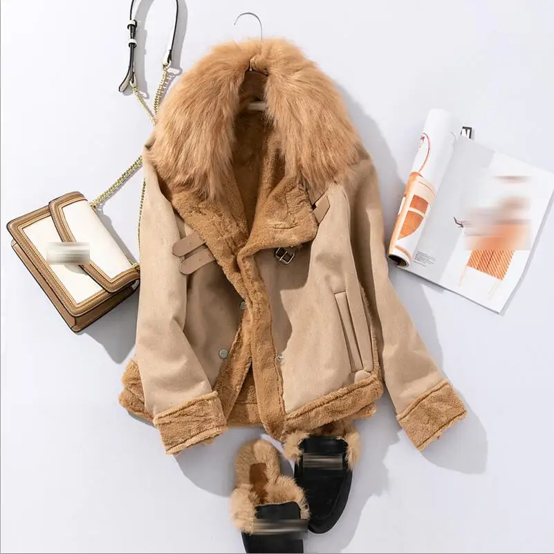 Женское зимнее пальто, кожаные куртки, зимняя замшевая кожаная куртка, женская короткая байкерская куртка из овечьей шерсти, толстое теплое пальто из овечьей шерсти - Цвет: Хаки