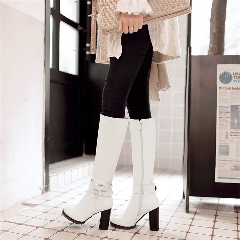 Meotina/зимние высокие сапоги женские сапоги до колена на молнии и толстом каблуке Обувь на очень высоком каблуке с пряжкой женская обувь г. Белого цвета, большие размеры 33-43