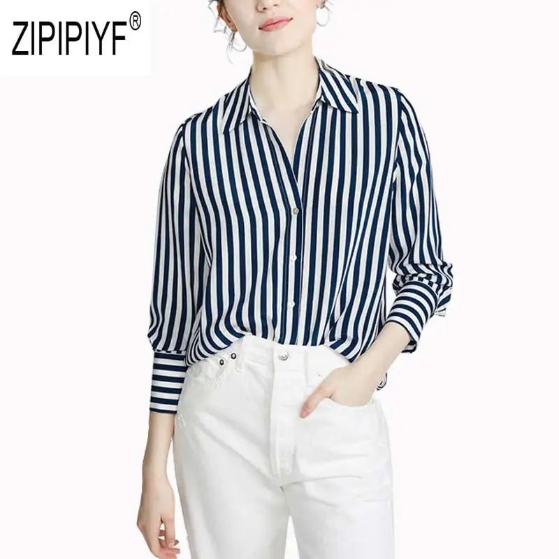 Striped Корейская модная женская блузка Топ с отложным воротником и длинным рукавом однобортная свободная полосатая блузка Топ Офисная Женская блузка Z2287 - Цвет: Striped