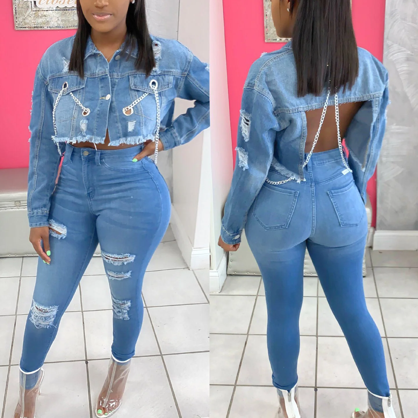 

Sexy Chain Jeans Jackets Coats Long Sleeve Backless Short Autumn Fall Fahsion Street Wear Blue Black Outwear Jackets Coats Hot