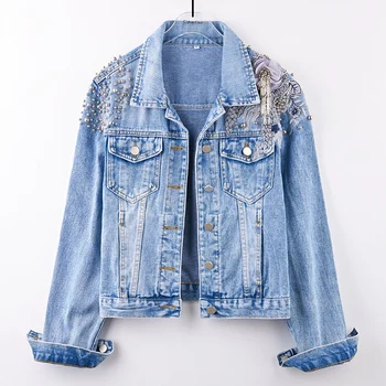 

Female Denim Jacket 2020 Spring New Beaded Fashion 3D Flower Embroidery Long-sleeved Slim Jackets Street Style Short Jean Coats