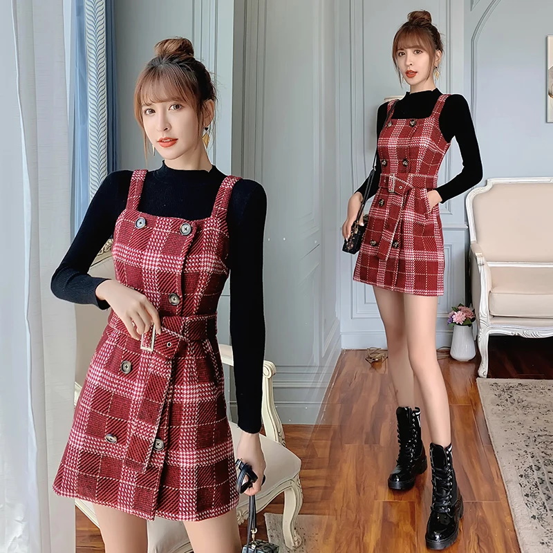

Autumn Winter Two Pieces Dress Women Sweater plaid wool mini Dresses With belt Streetwear plus size Elegant party Dress vestidos