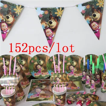 

152Pcs/Lot Masha And Bear Theme Disposable Tableware Sets Children's Day Kids Birthday Decoration Event Supplies Various Maker
