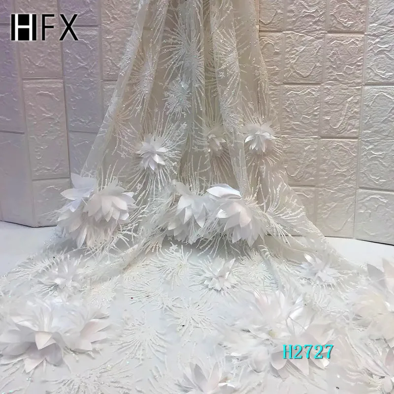 

HFX White Glitter French Lace Fabric Big 3d Flowers Nigeria Bridal African Beaded High Quality Tulle Lace Fabric for Girls X2727