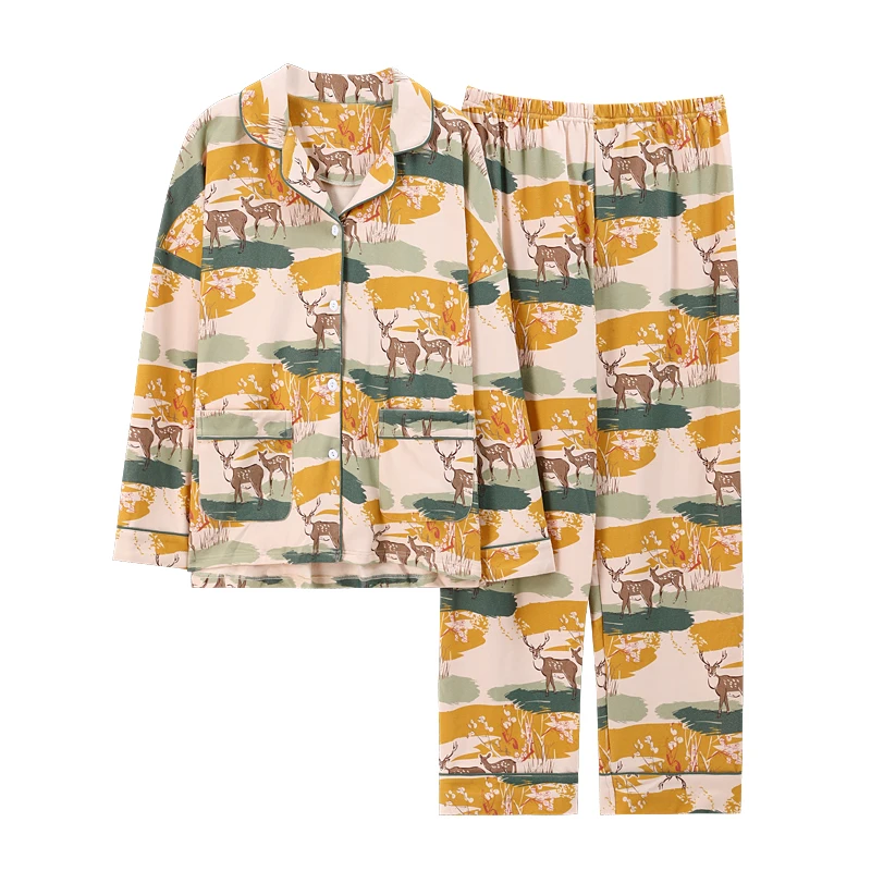 

BZEL Cartoon Deer Pattern Pajama Set Women's Cotton Sleepwear New Long Sleeves Long Pants Pijama Mujer Loose Pyjama Sweet Nighty