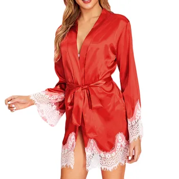 

New Women Lace Silk Long Sleeve Satin Pajamas Sleepwear Robe With Belt Bathrobe