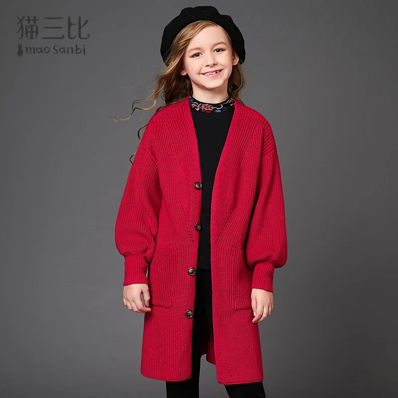 

Girls Mid-length Sweater Coat 2018 Autumn New Style GIRL'S Solid Color Yarn Tops Middle And Large CHILDREN'S Cardigan Thin