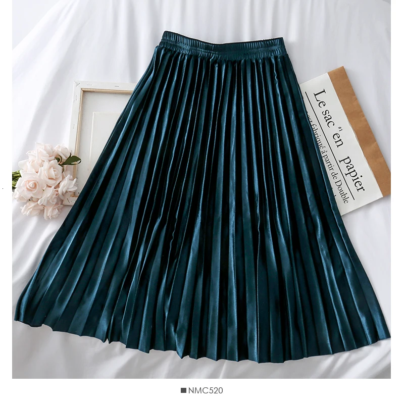 peacock blue Женская бархатная плиссированная юбка с высокой талией осенняя одежда однотонная трапециевидная юбка - Цвет: peacock blue