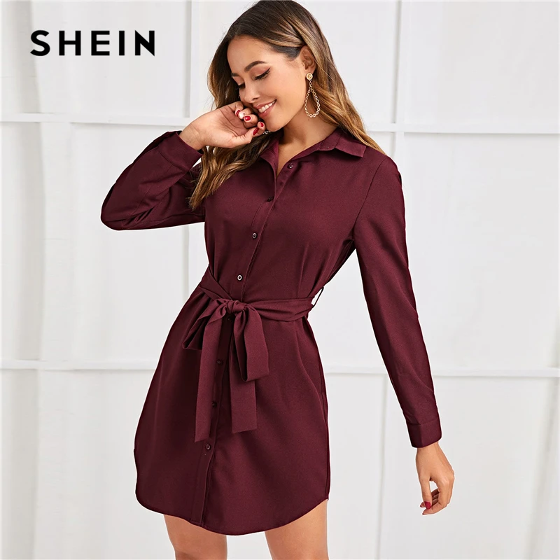 SHEIN изогнутый подол на пуговицах спереди поясом платье-рубашка Женская Осенняя свободная однотонная с длинным рукавом прямой Короткие повседневные платья