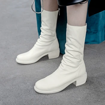 

Back Zipper Women Autumn Winter Warm Mid-calf Boots 2020 New High Western Boots Genuine Leather Fashion Prom Shoes Woman