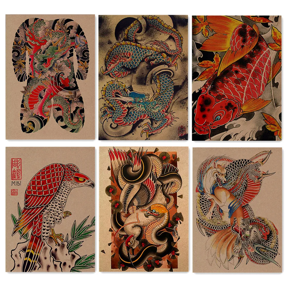 

Retro Body Tattoo Art Poster Ukiyo-e Art Works Wallpaper Vintage Matte Kraft Paper Print Painting Wall Sticker Home Decoration 4