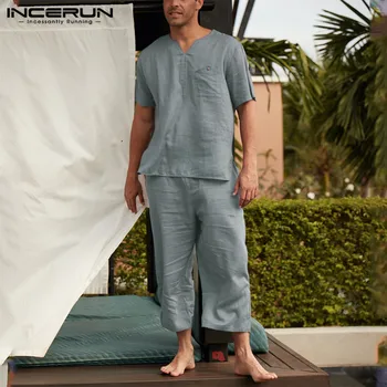 

INCERUN Summer Vintage Men Sets V Neck Short Sleeve T-shirt Pants 2020 Breathable Loose Plain Streetwear Casual Mens Suit S-5XL