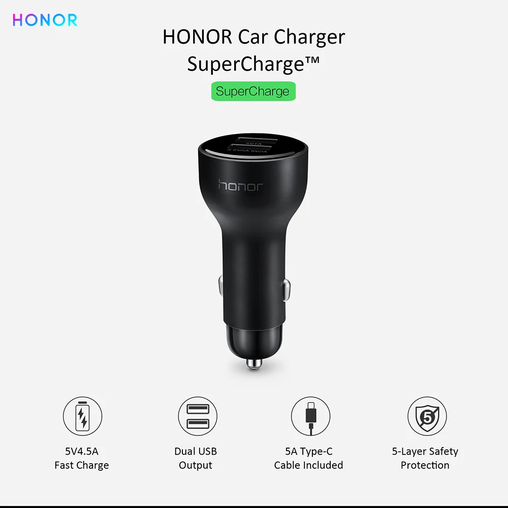 HONOR SuperCharge автомобильное зарядное устройство для мобильного телефона 4,5 V 5A 22,5 W выход двойной USB 5A USB-C кабель для HONOR 10/V10 HUAWEI Mate30/20/10