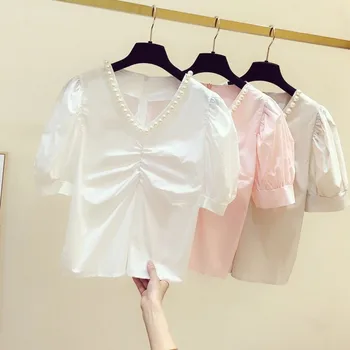 

Beaded Pearl Solid Women Blouse 2020 Summer New Short-Sleeved Lady Puff Sleeved Pulls Outwear Coat Tops Top Quality