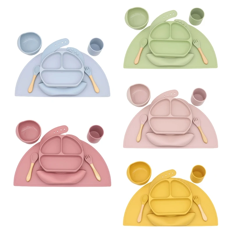 

Baby Silicone Bib Divided Dinner Plate Suction Bowl Spoon Fork Water Cup Placemat Set Training Feeding Food Utensil Dish