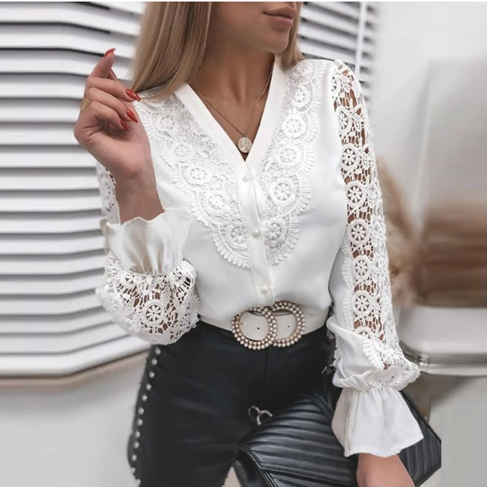 New Women Sweet Pleat Ruffles Turn Blouse Women's Fashion Sexy Stitching Lace Half High Collar Button Down Shirt Tops#g30 1