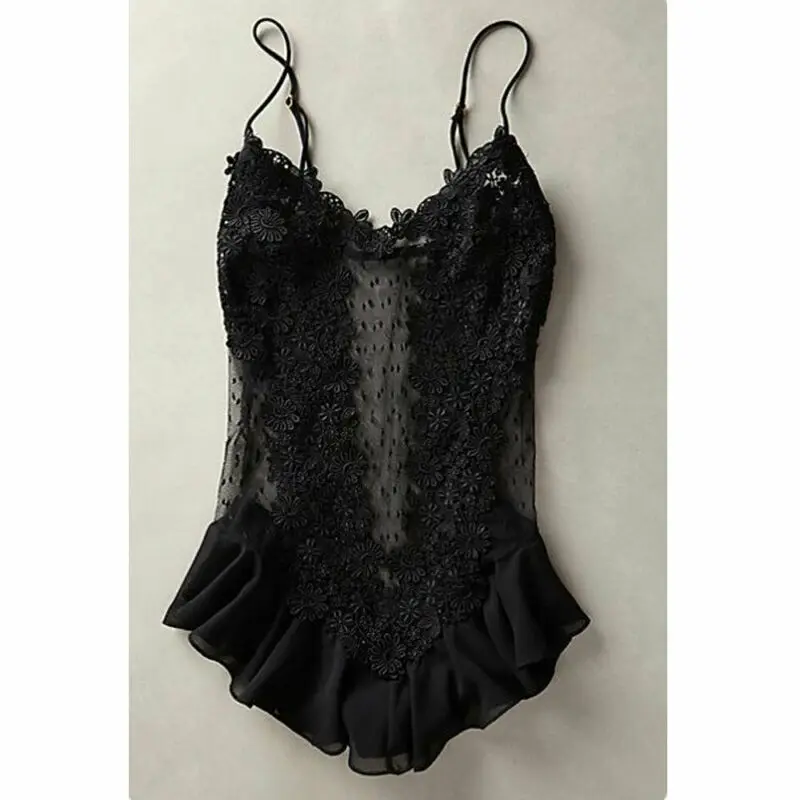 Women Sexy Lingerie Silk Lace Mesh Sleeveless Solid Babydoll Nightdress Sleepwear Bodysuits Erotic Sex See-through Costume