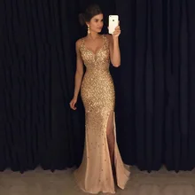 

Evening Dresses For Women Sequin Prom Party Ball Gown Sexy Women Gold Evening Bridesmaid V Neck Long Party Dress