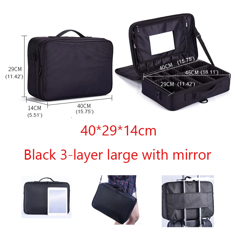 Black 3 layer mirror Горячая Распродажа, профессиональный органайзер для макияжа Bolso Mujer, косметический чехол, несессер, дорожная сумка для хранения, чехол для костюма, дропшиппинг, нейлон - Цвет: Black 3 layer mirror