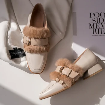 

EshtonShero Women's Shoes Woman Pumps Leather Low Heels Pointed Toe Fur Autumn Platform Beige Ladies Wedding Shoes Size 3-8