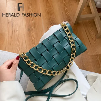 

Fashion Shoulder Bag For Women PU Leather Crossbody Bag Solid Color Woven Bag All-match Popular Designer Baguette Shape Bag