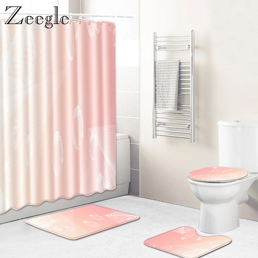 Zeegle Bathroom Mat Set Washable Shower Curtain Toilet Seat Cover Mat Anti-slip Toilet  Pedestal Rug Dustproof Bathroom Curtain