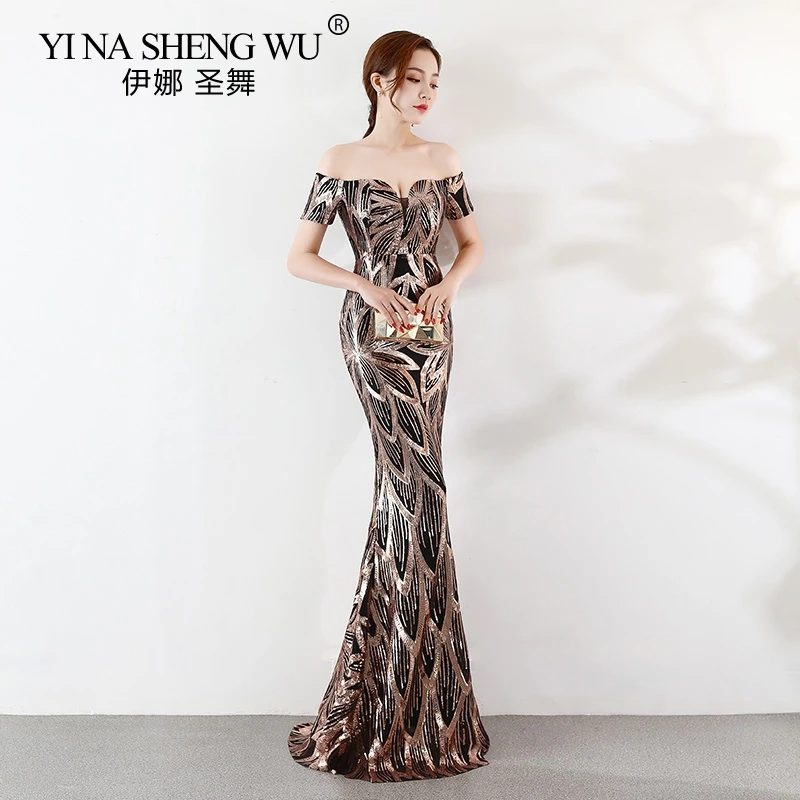 Вечернее платье, сексуальное, с открытыми плечами, Robe De Soiree, одноцветные, на молнии, женские платья "рыбий хвост" для вечеринки, новые, с вырезом лодочкой, элегантные, вечерние платья
