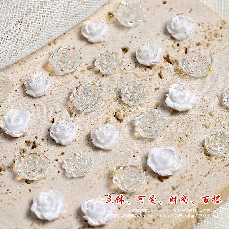

30PCS 3D White Aurora Camellia Nail Art Jewelry Acrylic Resin Flowers Design Elegant Wedding Charms Accessories Rhinestone Decor