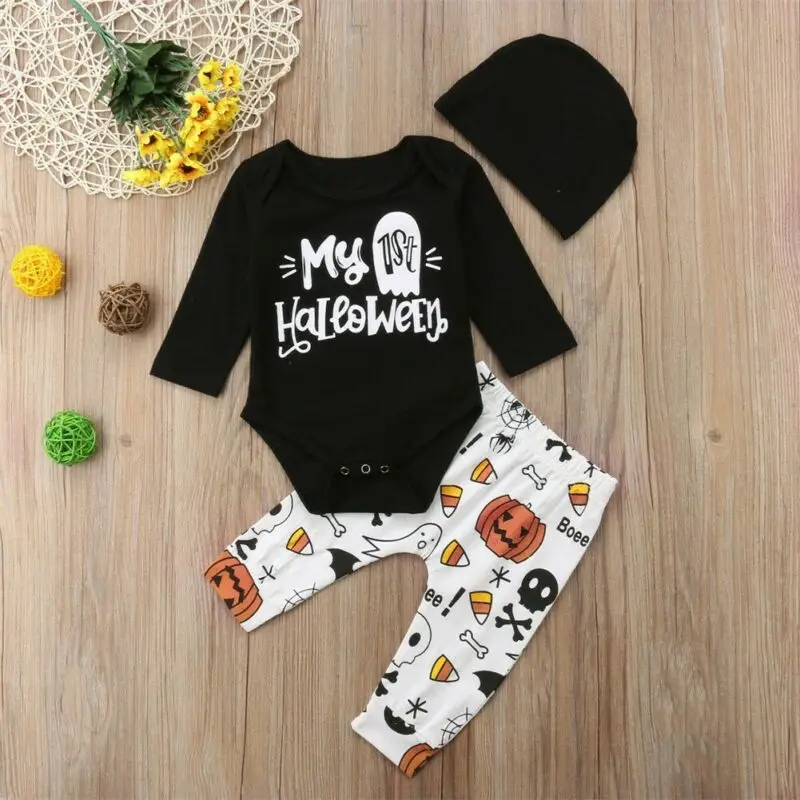 0-18M Halloween Infant Newborn Baby Boy Girl Clothes Set 1st Halloween Romper Jumpsuit Cartoon Pumpkin Ghost Pants Baby Costumes