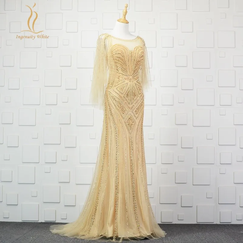 Вечерние платья с юбкой-годе Дубай золотистые блестки Украшенные бусинами для