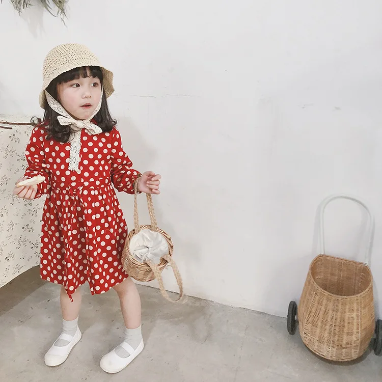 Весенние милые платья в горошек с длинным рукавом для девочек женское хлопковое