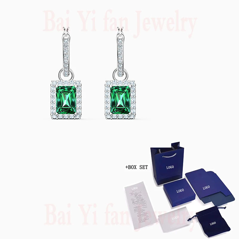 

2020 Fashion SWA New ANGELIC RECTANGULAR Pierced Earring Elegant Green Pendant Rectangle Decoration Female Romantic Jewelry Gift