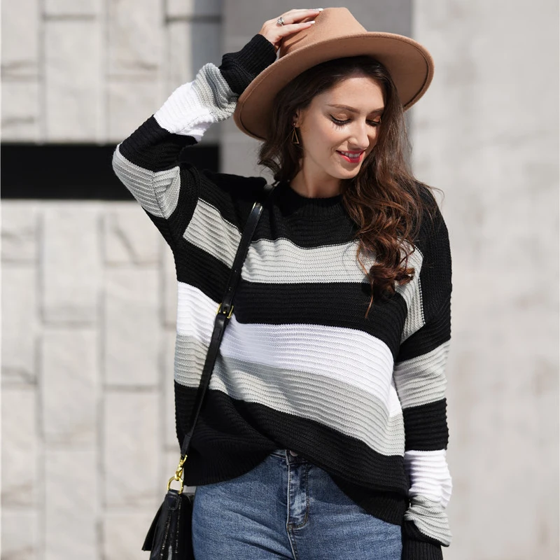 womens sweaters 2020 winter women's clothing striped knit sweater girls OL oversize loose pullover sweater woman sueter mujer