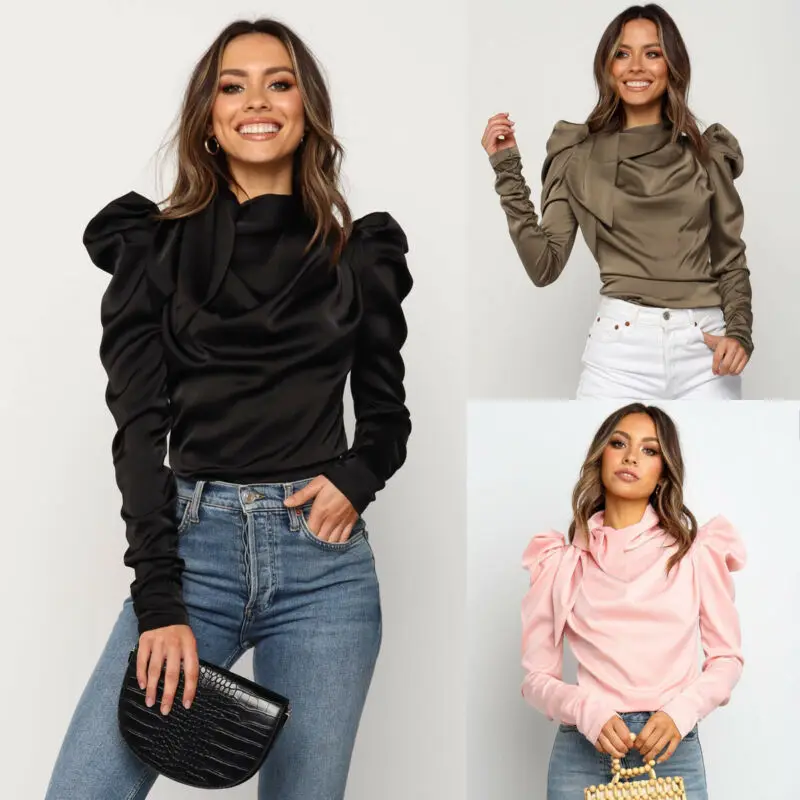 High Street Shirt Women Puff Sleeve O-Neck Loose Fashion Satin Cropped Tops Casual Women Blouse Work Shirts blusas mujer de moda