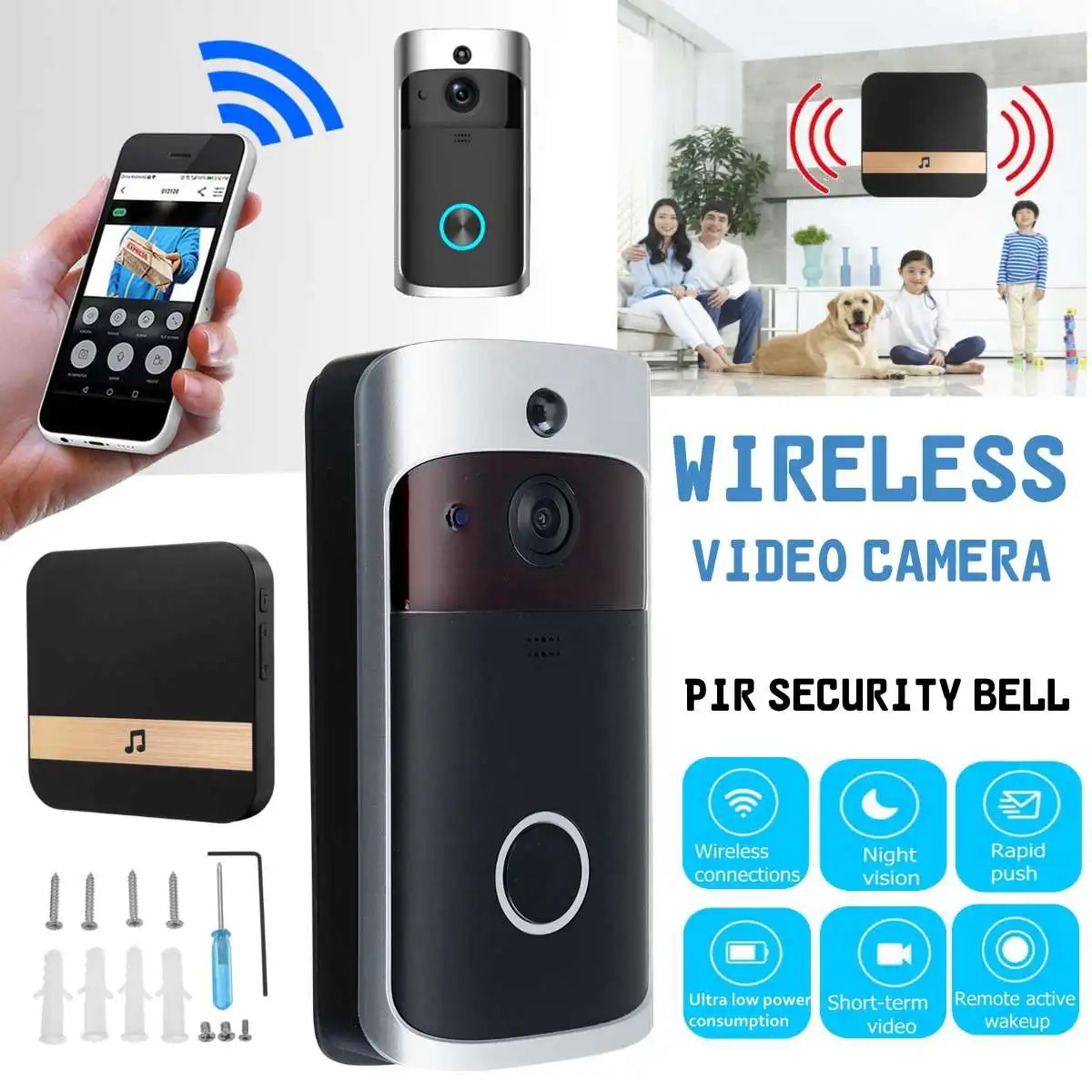 

Smart WiFi Video Doorbell Camera Visual Intercom with Chime Night vision IP Door Bell Wireless Home Security + 8GB Memory card