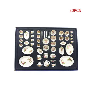 

50 Pcs 1:12 Dollhouse Miniature Ceramic Tea Sets Mini Daisies Pattern Tableware for children kids pretend play
