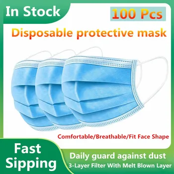 

Unisex Mouth Masks 3-layer Anti-Dust Disposable Mascarillas 100 Pcs Non Woven Meltblown Cloth Masks Elastic Ear Loop Face Mask