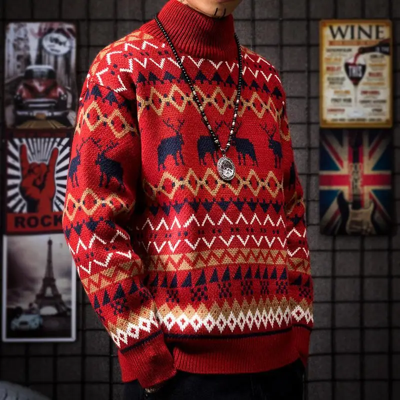 

Red elk autumn and winter thickened lovers decoration half high collar sweater men's trend boys personalized T-shirt