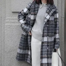 Зимнее Новое Женское шерстяное пальто в клетку с длинными рукавами, куртка с пуговицами, прямая женская модная верхняя одежда