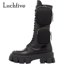 Г. Зимние новые дизайнерские рыцарские сапоги с карманами высокие сапоги до середины голени на плоской платформе с круглым носком Женская обувь в стиле панк