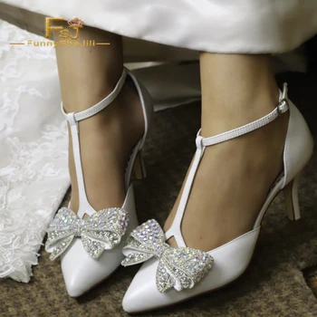 

White Rhinestone Bow Wedding Shoes With Decoration Pointy Toe T-Strap Stiletto High Heels Women Pumps Party Shoes Plus Size 16
