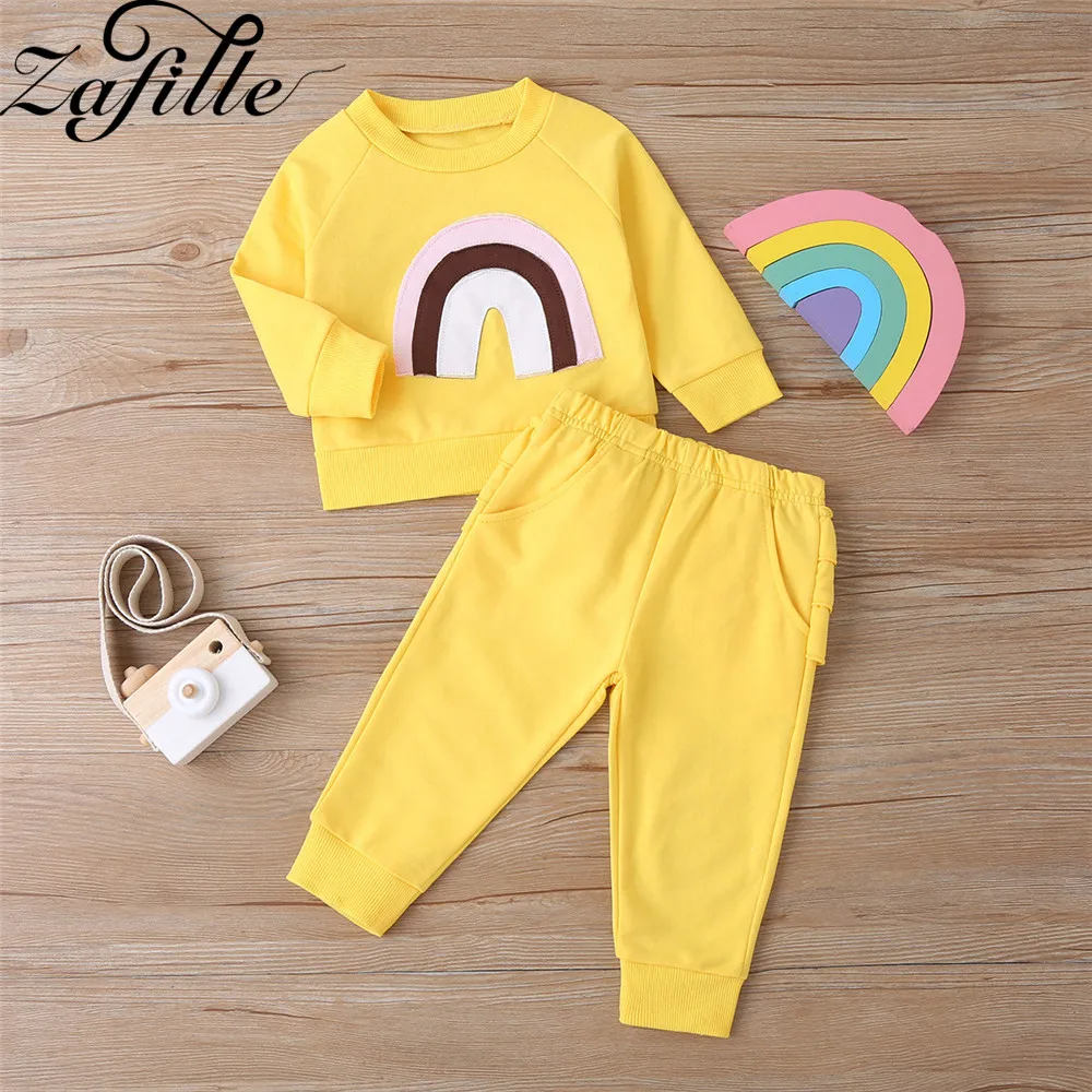 

ZAFILLE Baby Girl Clothes Set 2Pcs Spring Autumn Long Sleeve Solid Rainbow Suits Infant Kids Clothes Newborn Girls Outfits 2020