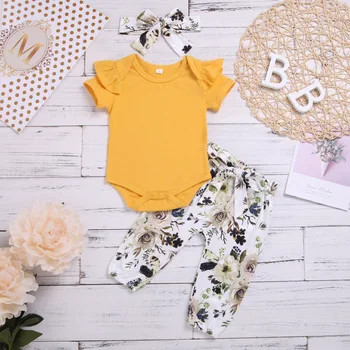 

DIIMUU Newborn Bodysuit Clothes Set 3PCS Baby Romper Jumpsuit Tops Floral Pants Headband Outfits g 0-24 Months Girls Clothing