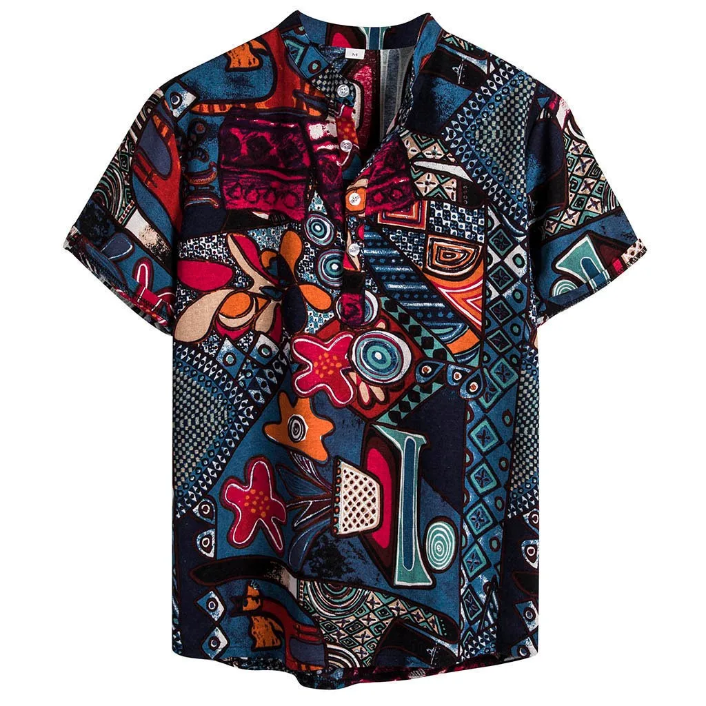 KLV, мужские рубашки, короткий рукав, с принтом, с карманом, цветная Повседневная блуза, этническая гавайская рубашка, мужские топы, летняя сорочка, хит 9816 - Цвет: Blue