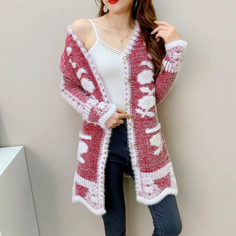 

Autumn/Winter Cardigan Sweater Women Knit Sweaters Coat Mid-Length Fashion Single-Breasted Knitwear Imitation Mink Tops Female