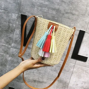 

Women's Summer Straw Bucket Bag Woven Crossbody Beach Bag Elegant Tote Purse with Bright Tassel Vacation Party Shoulder Bags