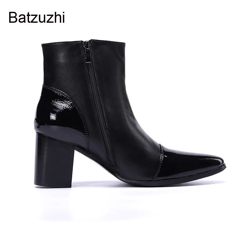 Batzuzhi Black Genuine Leather Boots Men Pointed Toe Men Boots 7CM High Heels Handsome Knight Botas Hombre Party /Wedding Men