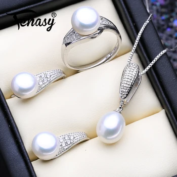 

FENASY 925 Sterling Silver Natural Pearl jewelry Sets Classic Trendy 925 Silver Stud Earrings Pendant Chain Necklace For Women